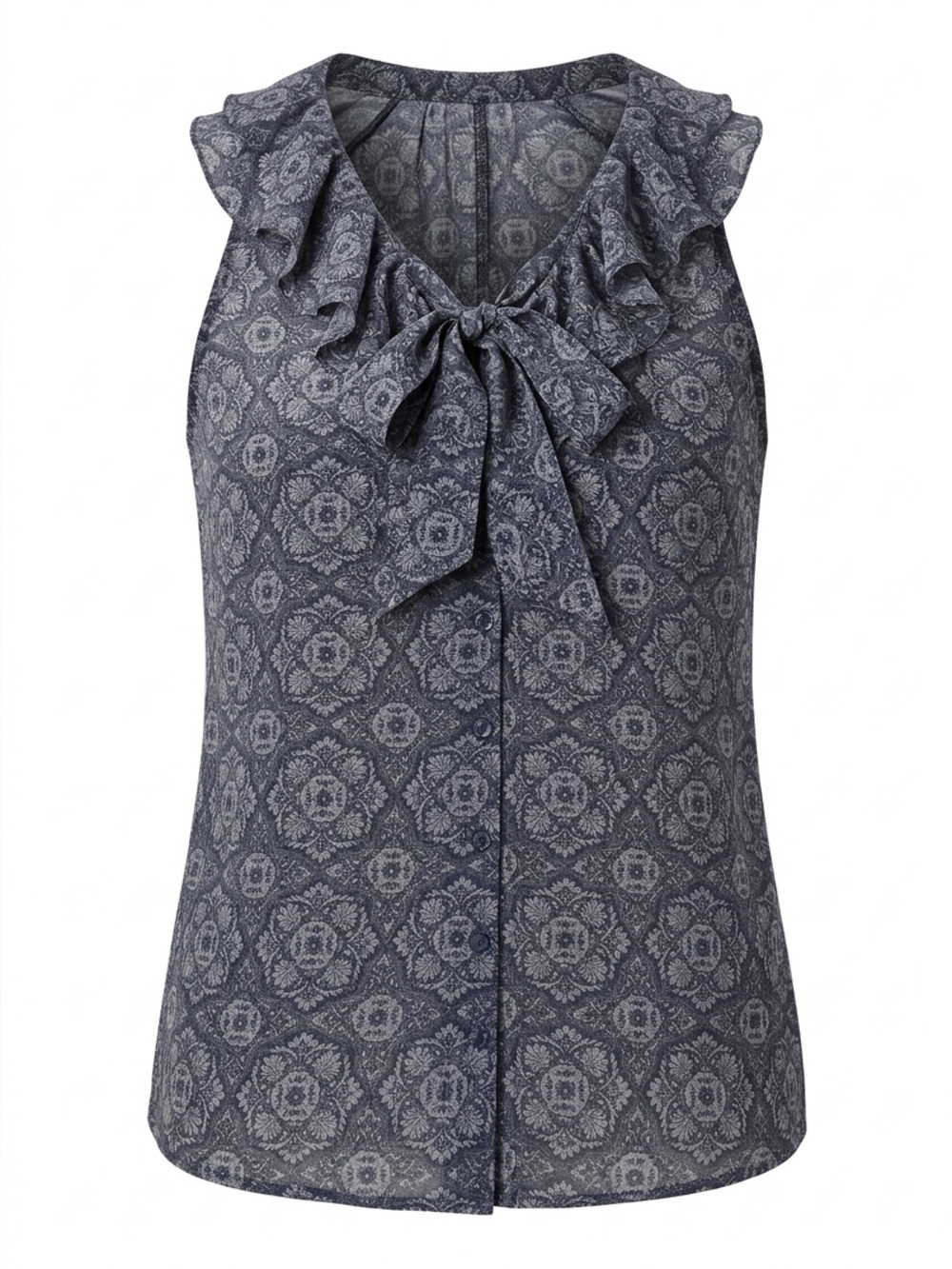 100% SILK Banana Republic Navy Medallion Ruffle Tie-Neck Tank